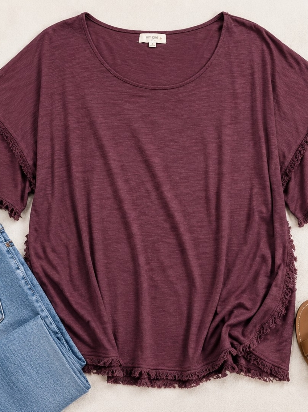UMGEE Women's Fringed Sleeve Tunic Top - Plum - Picture 2 of 6